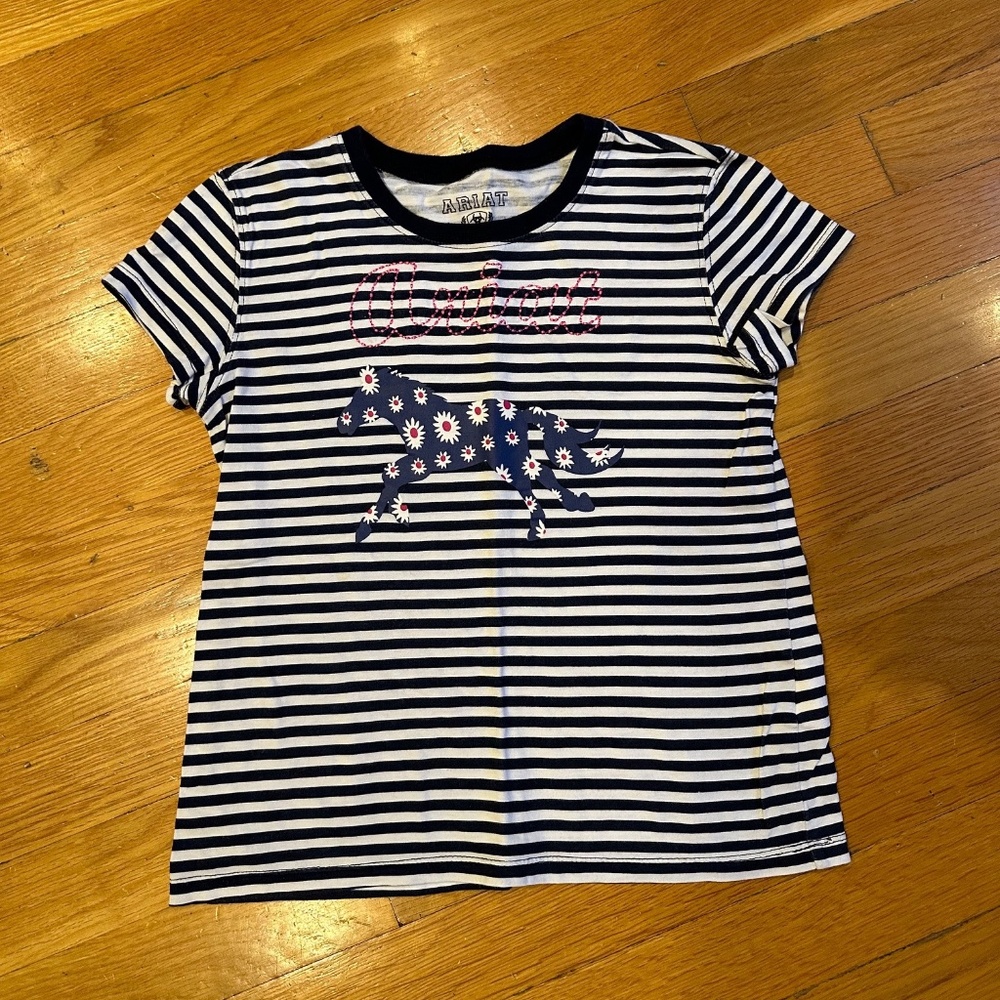 Like New Ariat Striped Navy, White T-Shirt Girls S size 8